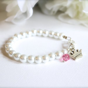 Little Princess Bracelet, Girls Pearl Bracelet Princess Crown Tiara Charm, Birthstone Little Girl Baby Girl Gift, Pink White Ivory Pearls