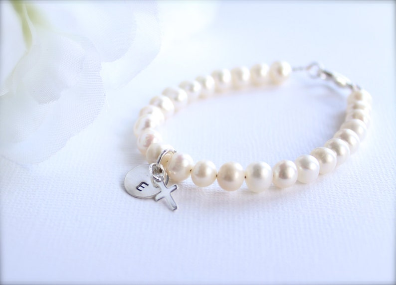 Real Pearls Sterling Silver Initial & Cross Baptism Gift Cultured Pearls, Keepsake Bracelet, Christening, Communion, Baby, Girls image 1