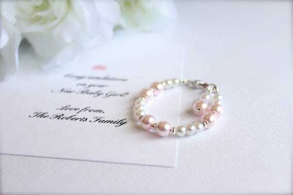 Blush Pink Baby Bracelet Baby Girl Gift Welcome Baby Card, 1st Pearls Keepsake/Gift Pale Pink Pearl Baby Bracelet