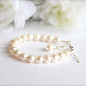Real Pearls Sterling Silver Cross Baptism Gift Blessing Keepsake Bracelet with Cultured Freshwater Pearls