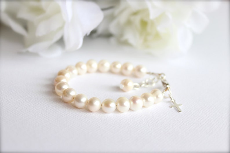 Real Pearls Sterling Silver Cross Baptism Gift Cultured Freshwater Pearls, Keepsake Bracelet, Christening, Communion, Baby, Little Girls 