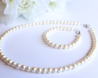 Real Pearls Flower Girl Gift Pearl Bracelet & Necklace SET, Flower Girl Jewelry, Jr Bridesmaid, Little Girls Pearls