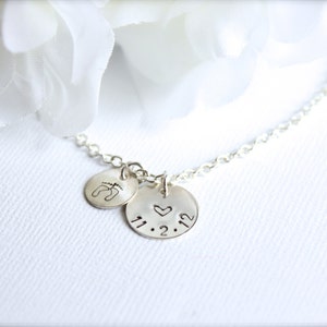 Mom Necklace Sterling Silver Personalized Hand Stamped Charm, Baby Feet Prints, Tiny Heart, New Mom Necklace Baby Birthdate