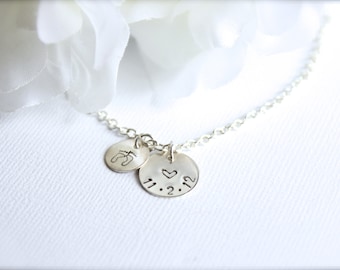 Mom Necklace Sterling Silver Personalized Hand Stamped Charm, Baby Feet Prints, Tiny Heart, New Mom Necklace Baby Birthdate