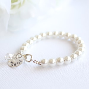 Sterling Silver Personalized Charm, Bridesmaid Gift, Hand Stamped, Ladies Pearl Bracelet, Bridal Party Adult Bracelet