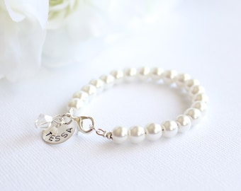 Charm personalizado de plata de ley, regalo para niña de las flores, grabado a mano, pulsera de perlas para niñas, joyería infantil