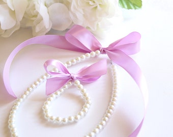 Pearl Set Bracelet and Necklace, Flower Girl Gift, Jr Bridesmaid, Birthday, Little Girls First Pearls and Ribbon, Stretchy Bracelet with Bow