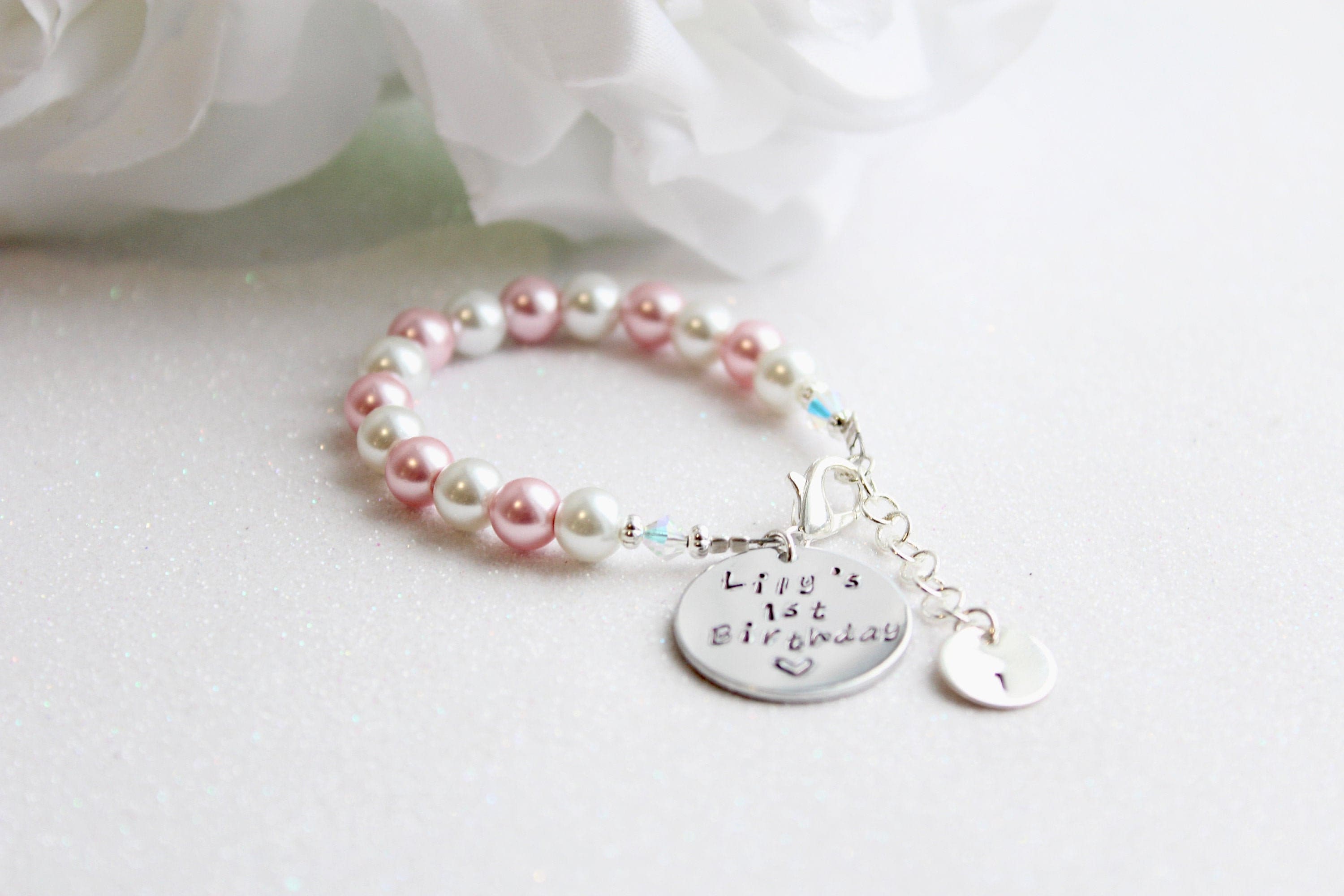 Birthday Gift Pearls Baby Toddler Bracelet, 1st 2nd 3rd Engraved Birthday Keepsake, Pink and White, Grandchild Gift BABY GIRL Girls Bracelet