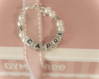 Baby Name Keepsake Bracelet, Personalized Bracelet for Baby Girl, Pearls Letter Blocks