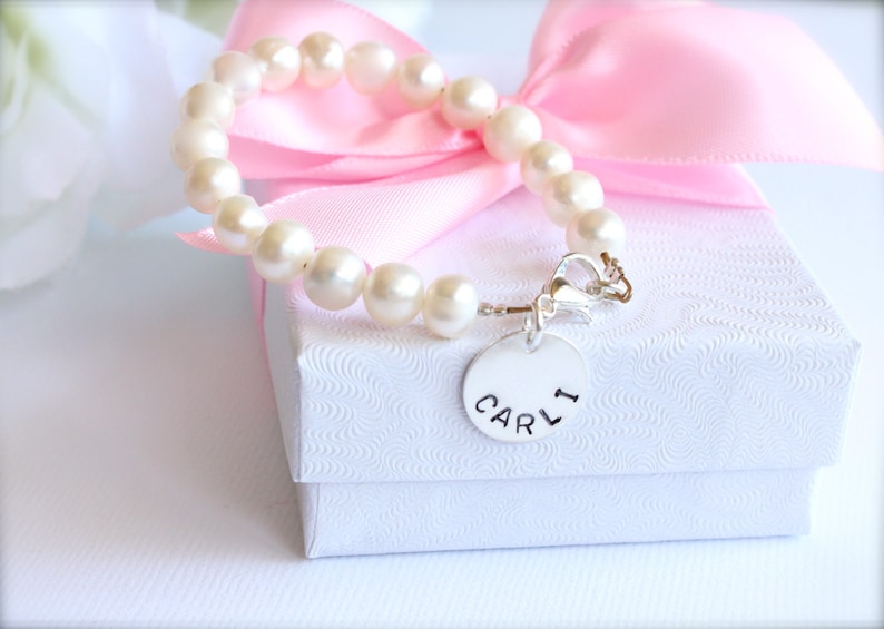 Personalized Real Pearl Bracelet, Sterling Silver Name Charm, Girls Bracelet Flower Girl Gift Freshwater Pearls, Bracelet for Little Girls image 4
