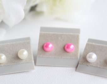 1 Pair Pearl Earrings Button Petite Pearl Post Stud Earrings, Flower Girl Gift, White, Ivory, Baby Blue, Pink -