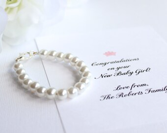 BABY GIRL Pearl Keepsake Bracelet, New Baby Gift, 1st Pearls, Birthday, Baby Shower Gift, Photo Prop Pearls