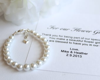 Pearl Bracelet for Girls, Flower Girl Gift with Silver Heart Charm Accent Dangle, Adjustable Childs Bracelet, White Pearls Keepsake Gift