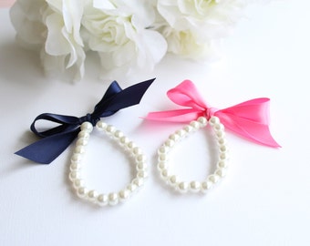 TWO Pearl Bracelets 2 Flower Girl Gifts, Pearls and Ribbon, Jr Bridesmaid, 1st Pearls, Girls Party, Bright Pink, Light Pink -