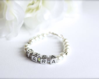 Pearl Bracelet, Letter Blocks, Flower Girl Gift, Personalized Bracelet, Pearls and Letter Blocks, Girls Name bracelet