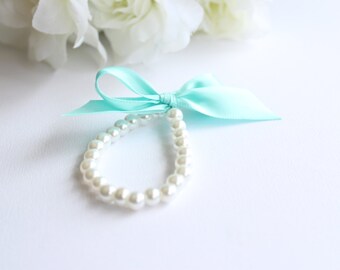 Mint Blue Baby or Wedding Girls Pearl Bracelet, Flower Girl, Jr Bridesmaid, Birthday, First Pearls, Mint