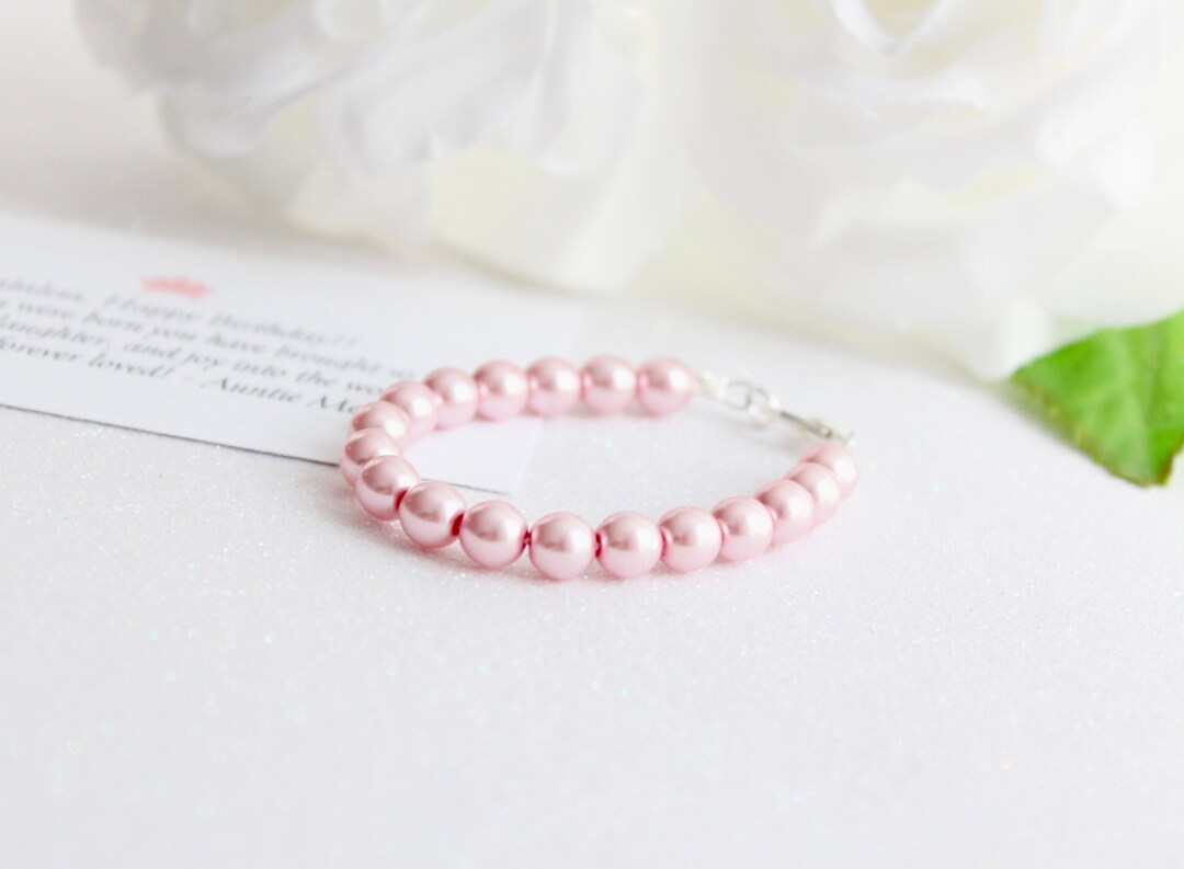 BABY GIRL 1st Birthday Gift Pink Pearl Bracelet With Birthday Card Etsy