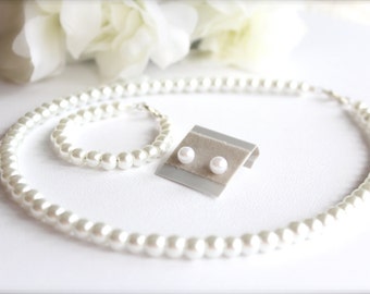 Pearl Set, Necklace Bracelet Earrings, Jewelry for Girls, Flower Girl Gift, Children's Jewelry