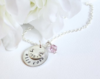 Personalized Mom Necklace, Sterling Silver Personalized Baby Child's Name and Birthdate Hand Stamped Engraved Round Charms, New Mom Jewelry