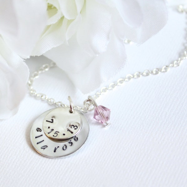 Personalized Mom Necklace, Sterling Silver Personalized Baby Child's Name and Birthdate Hand Stamped Engraved Round Charms, New Mom Jewelry