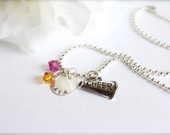 Cheer Necklace, Personalized Sterling Silver Name Charm Necklace, Girls Megaphone Cheerleader Team Colors