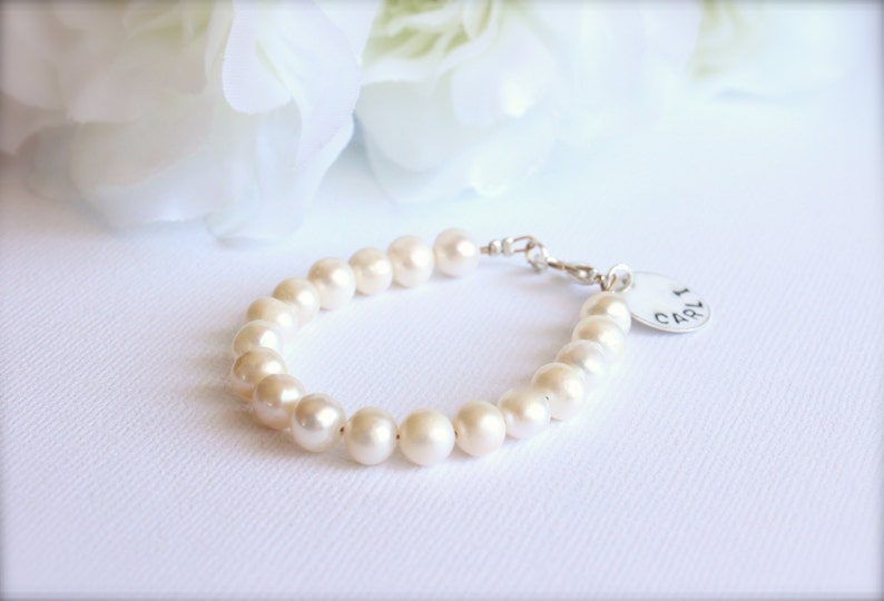 Personalized Real Pearl Bracelet, Sterling Silver Name Charm, Girls Bracelet Flower Girl Gift Freshwater Pearls, Bracelet for Little Girls image 3