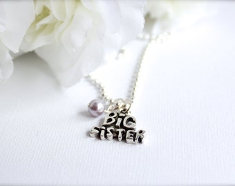 Big Sister Charm Necklace with Swarovski Crystal Birthstone, Big Sis Gift, Sister to be, Pregnancy Baby Announcement