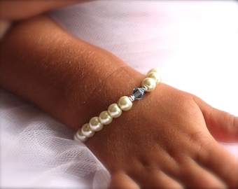 Birthstone Bracelet, Girls Gift, Pearl Bracelet with Custom Swarovski Crystal, Birthstone or Wedding Color, Little Girl Gift