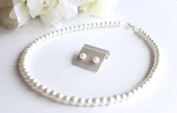 Pearl Necklace & Earrings Pearl Post Studs and Necklace Set Flower Girl Gift, Jr Bridesmaid, Birthday, 1st Pearls