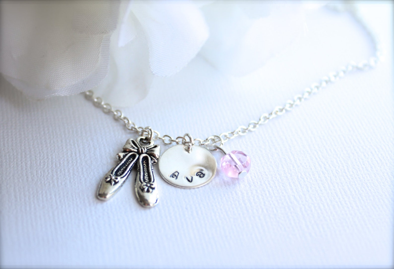 ballet slippers charm necklace for girls sterling silver personalized dance necklace, ballet slippers, dance shoes, pink crystal