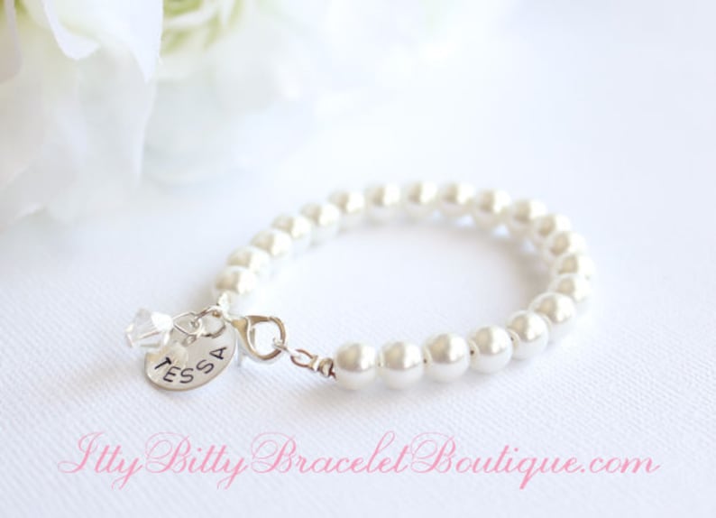 Sterling Silver Personalized Charm, Flower Girl Gift, Hand Stamped, Girls Pearl Bracelet Kids Jewelry, Jr Bridesmaid 