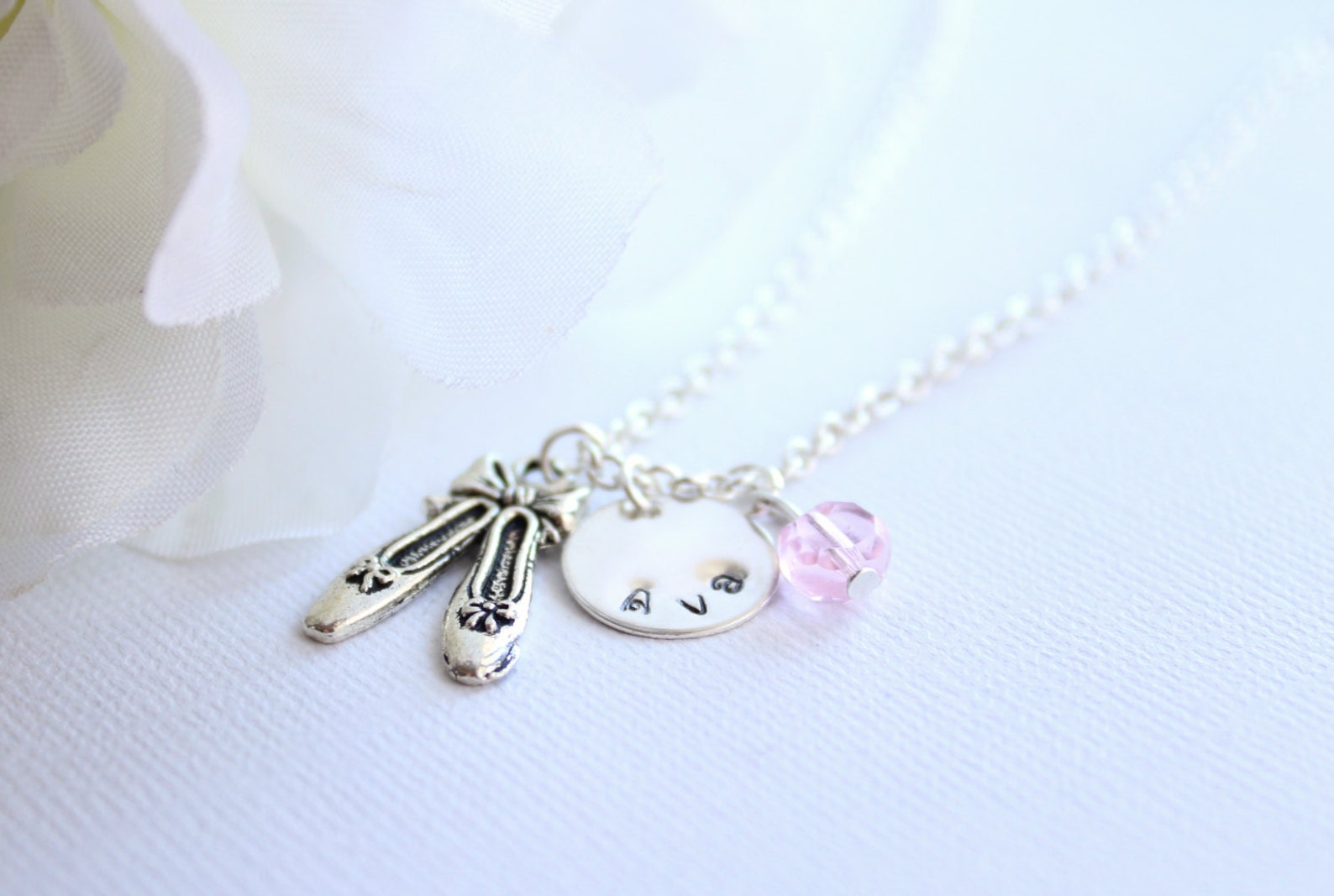 ballet slippers charm necklace for girls sterling silver personalized dance necklace, ballet slippers, dance shoes, pink crystal