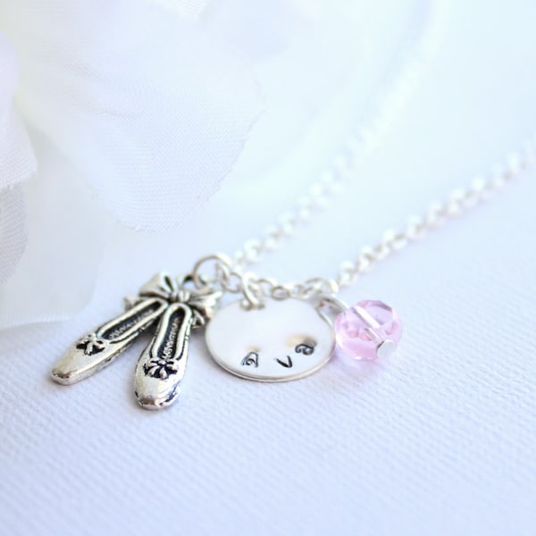 Ballet Slippers Girls Sterling Silver Personalized Hand Stamped Name Charm Dance Necklace, Ballet Slippers, Dance Shoes