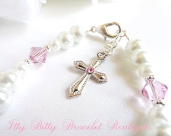Christening Gift for Baby Baptism Keepsake Bracelet Swarovski Crystal Pure White Pearls & Baptism Card