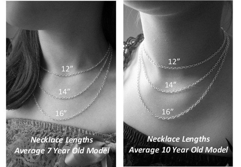 May include: A black and white image showing necklace lengths for children. Three necklaces are shown on a model, with lengths of 12 inches, 14 inches, and 16 inches. The text "Necklace Lengths Average 7 Year Old Model" is below the image. A second image shows the same necklaces on a different model, with the text "Necklace Lengths Average 10 Year Old Model".