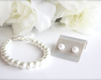 Pearl Bracelet & Earrings Set, Flower Girl Jewelry