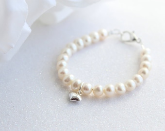 Real Pearl Bracelet, Sterling Silver Heart Charm Genuine Freshwater Pearls