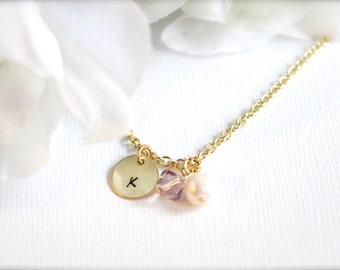 Personalized Gold Initial Necklace, Hand Stamped Girls Necklace, Flower Girl Gift, Real Pearl & Swarovski Crystal