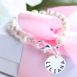 Sterling Silver Name Bracelet Real Pearls, Personalized Gift for Children
