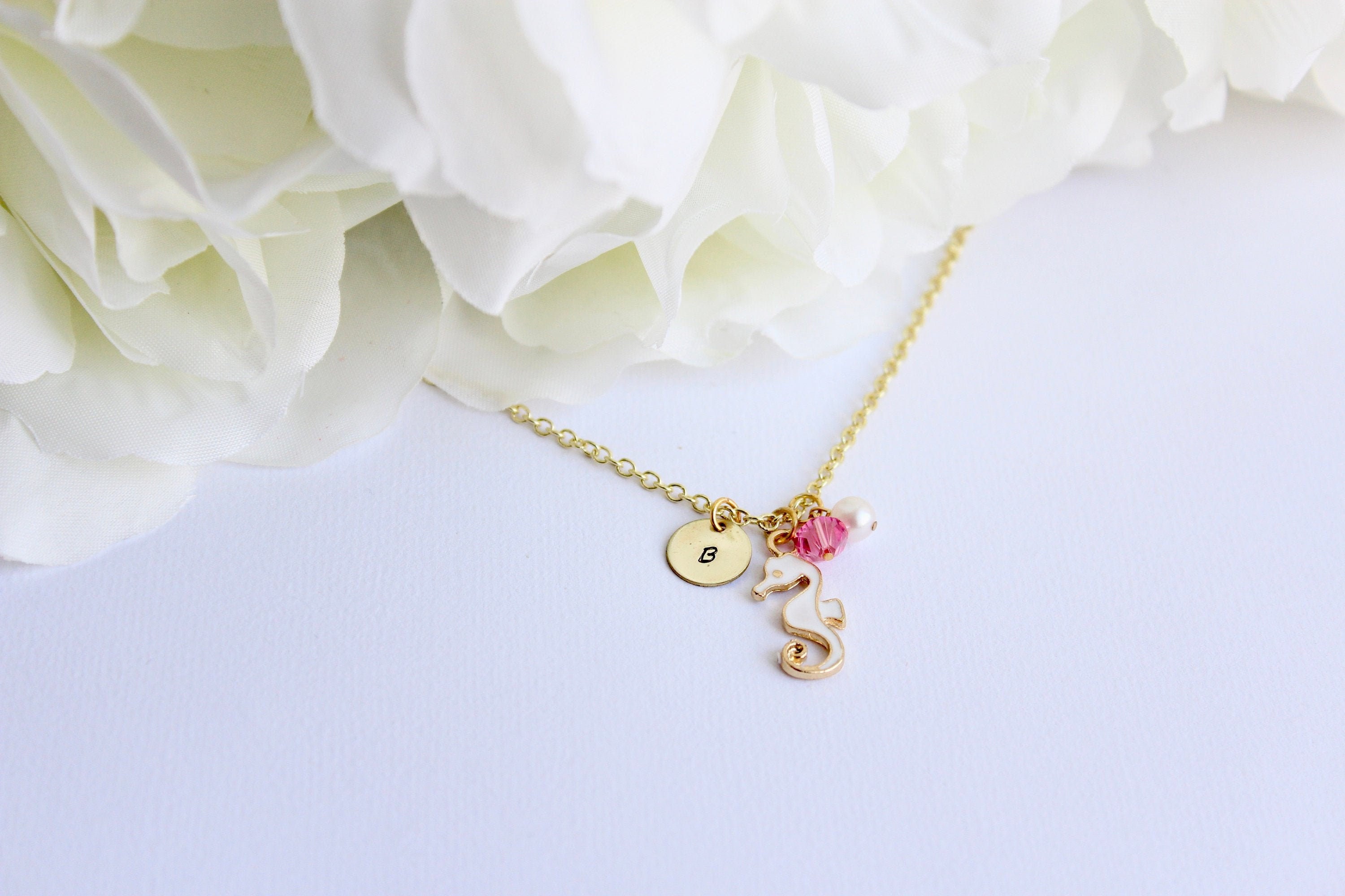 Real Pearl Nautical Seahorse Necklace Gold Colored Personalized with Initial, Hand Stamped Necklace, Girls Charm Necklace, Sea Beach Jewelry