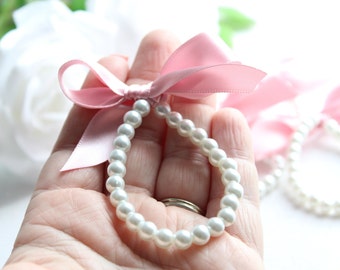 Stretchy Pearl Bracelet with Ribbon Bow, For Little Girls, Flower Girl Gift