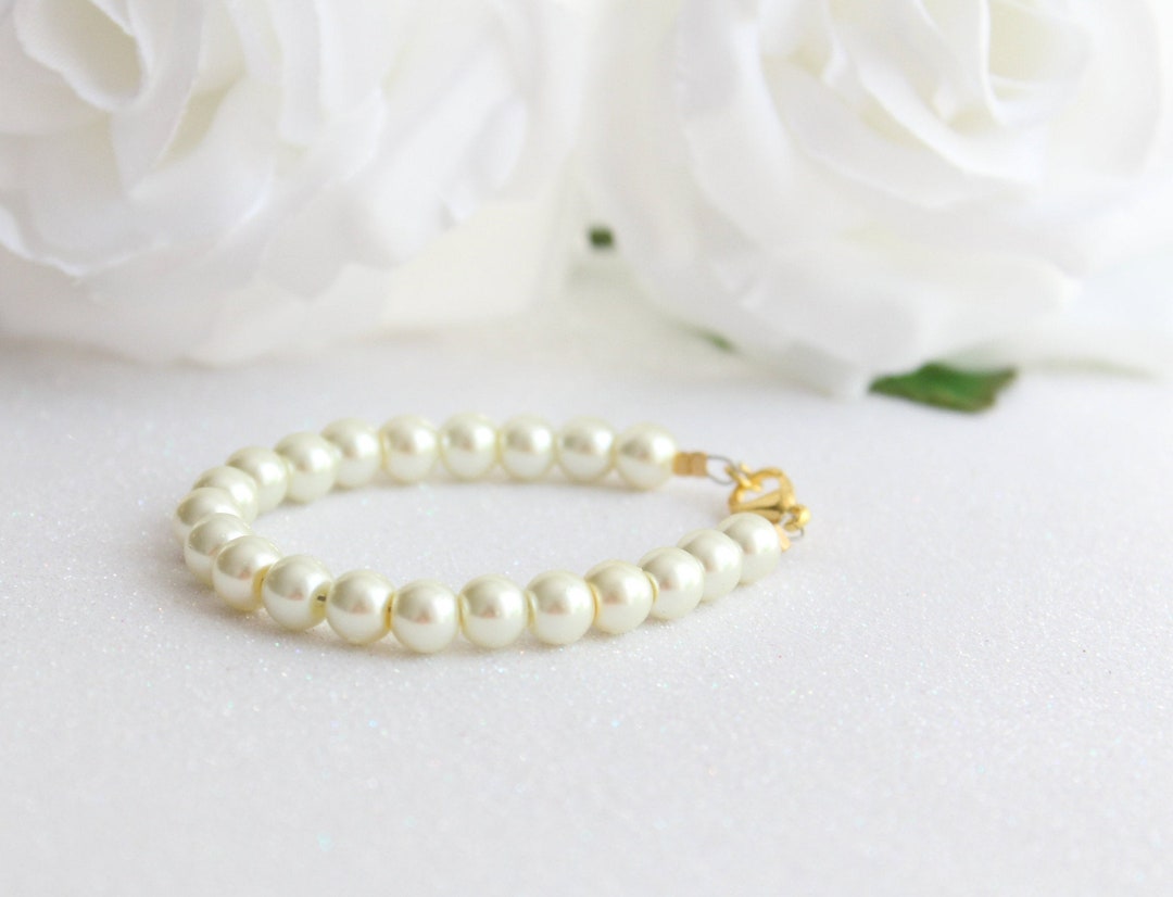 Gold and Ivory Pearl Bracelet, Girls Pearl Bracelet, Flower Girl Gift