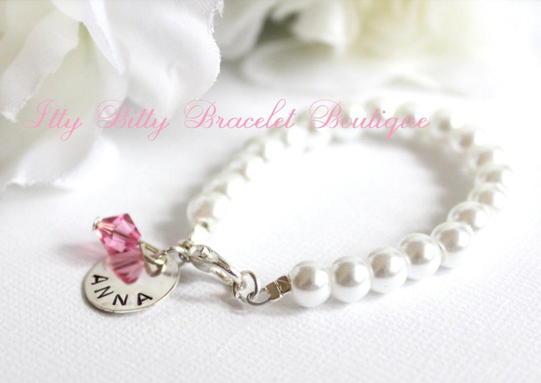 BABY GIRL Pearl Bracelet Hand Stamped Sterling Silver Charm Etsy