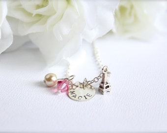 Sterling Silver Personalized Girls Pink Paris Eiffel Tower Necklace Girls Hand Stamped Engraved Name Necklace --