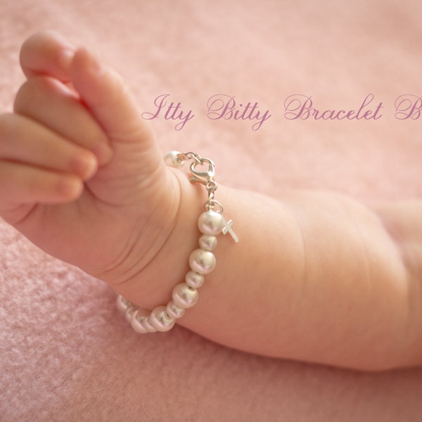 Sterling Silver Cross Baptism Gift, Baby Keepsake Bracelet, Christening Communion Gift White Pearl Baby Bracelet