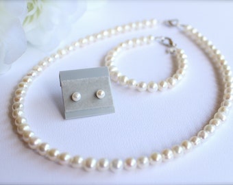 Echte parelketting armband oorbellen, sieradenset, zoetwaterparels, bloemenmeisje cadeauset, bloemenmeisje sieraden, Jr bruidsmeisje, meisjes cadeau
