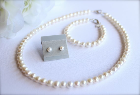 Real Pearl Necklace Bracelet Earrings, Jewelry Set, Freshwater Pearls, Flower Girl Gift SET, Flower Girl Jewelry, Jr Bridesmaid, Girls Gift