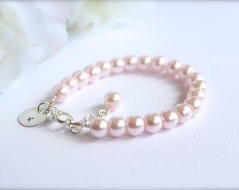 Pink Pearl Bracelet Sterling Silver Initial, Adjustable