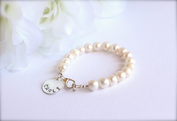 Personalized Real Pearl Bracelet, Sterling Silver Name Charm, Girls Bracelet Flower Girl Gift Freshwater Pearls, Bracelet for Little Girls