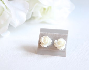 1 Pair Flower Rose Earrings 10mm, White, Pink, Black, Post Earrings, Flower Girl Gift -